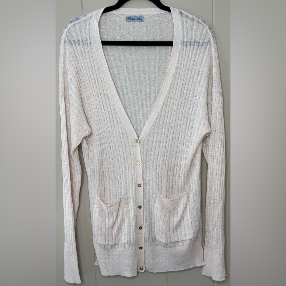 Olivia Sky Linen Blend V Neck Long Line Cable Knit Sweater Size 1X
